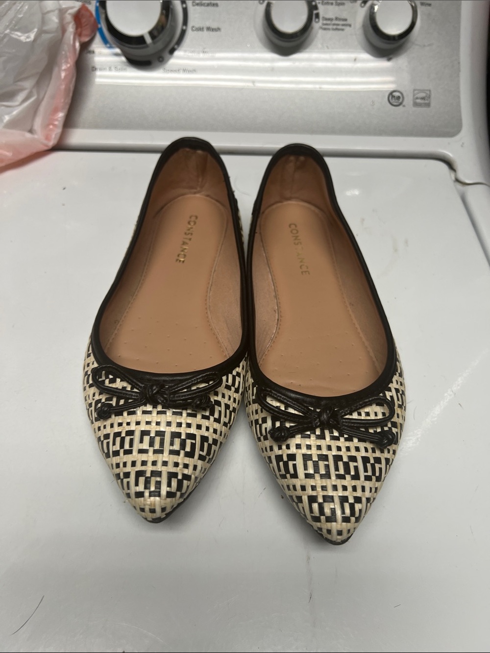 Stance Black & Cream Woven Pointed Ballet Flats with Bow Trim
